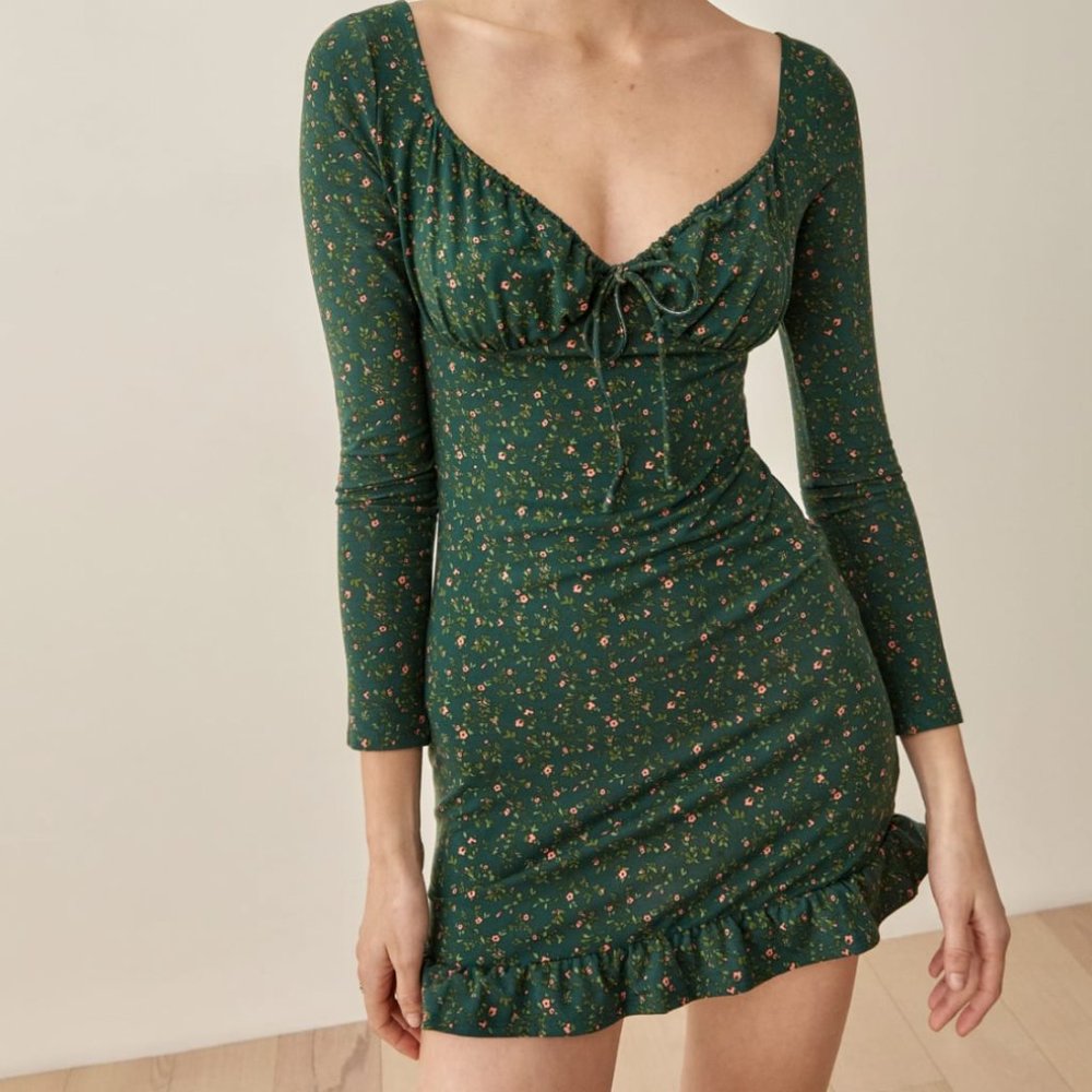 Reformation "Anjeline" Floral Mini Dress in Coriander Color